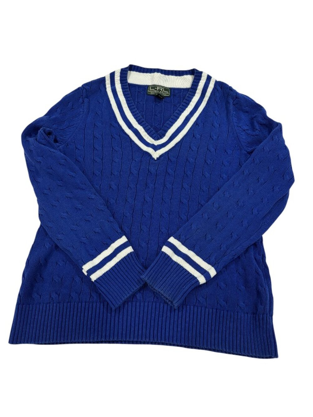 Lauren Ralph Lauren Cricket Tennis Sweater Blue White Cable Knit Women XLarge